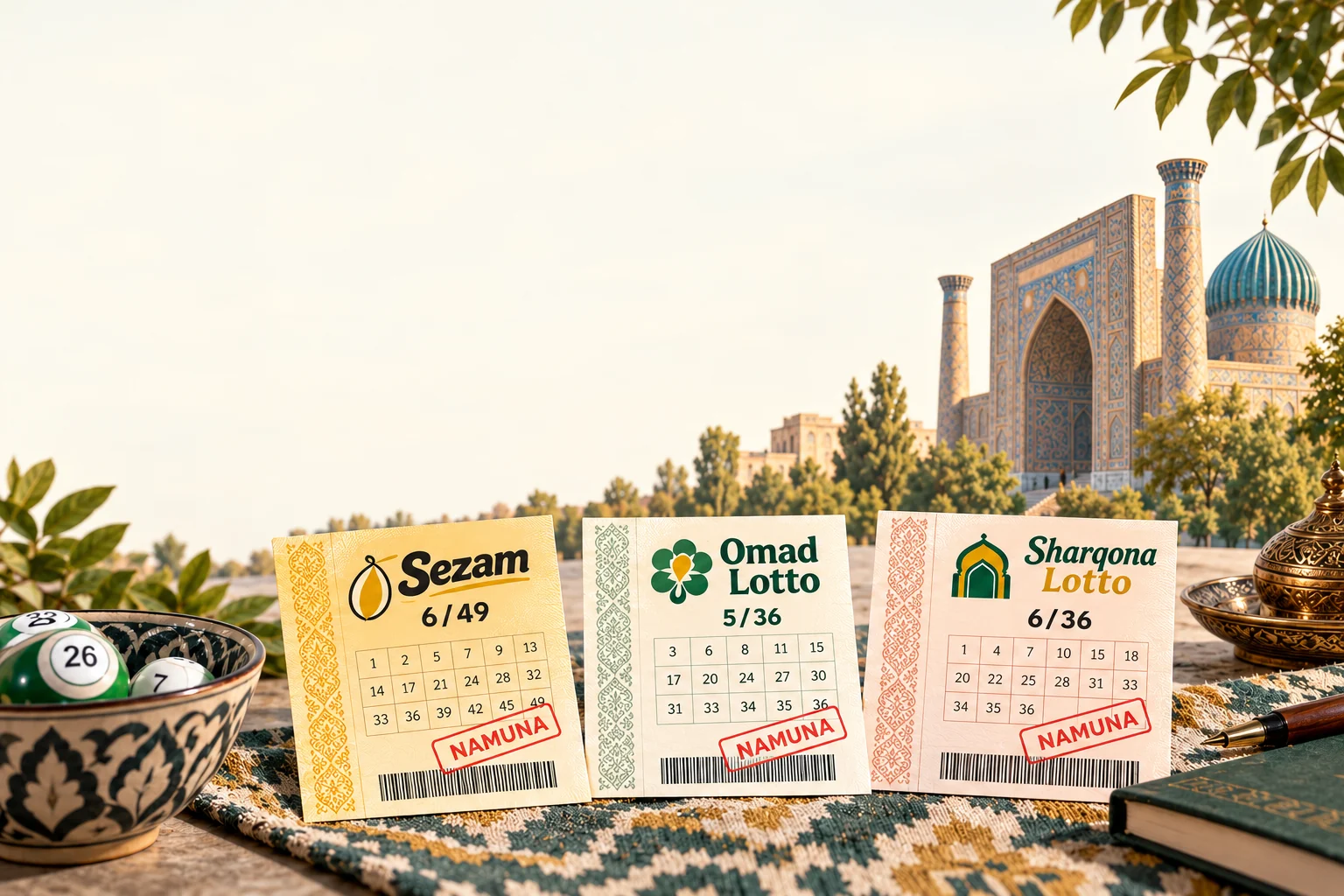 Учебные образцы игры 6 из 49 на портале Sezam, билетов Omad Lotto 5 из 36 и Sharqona Lotto 6 из 36 на фоне Узбекистана