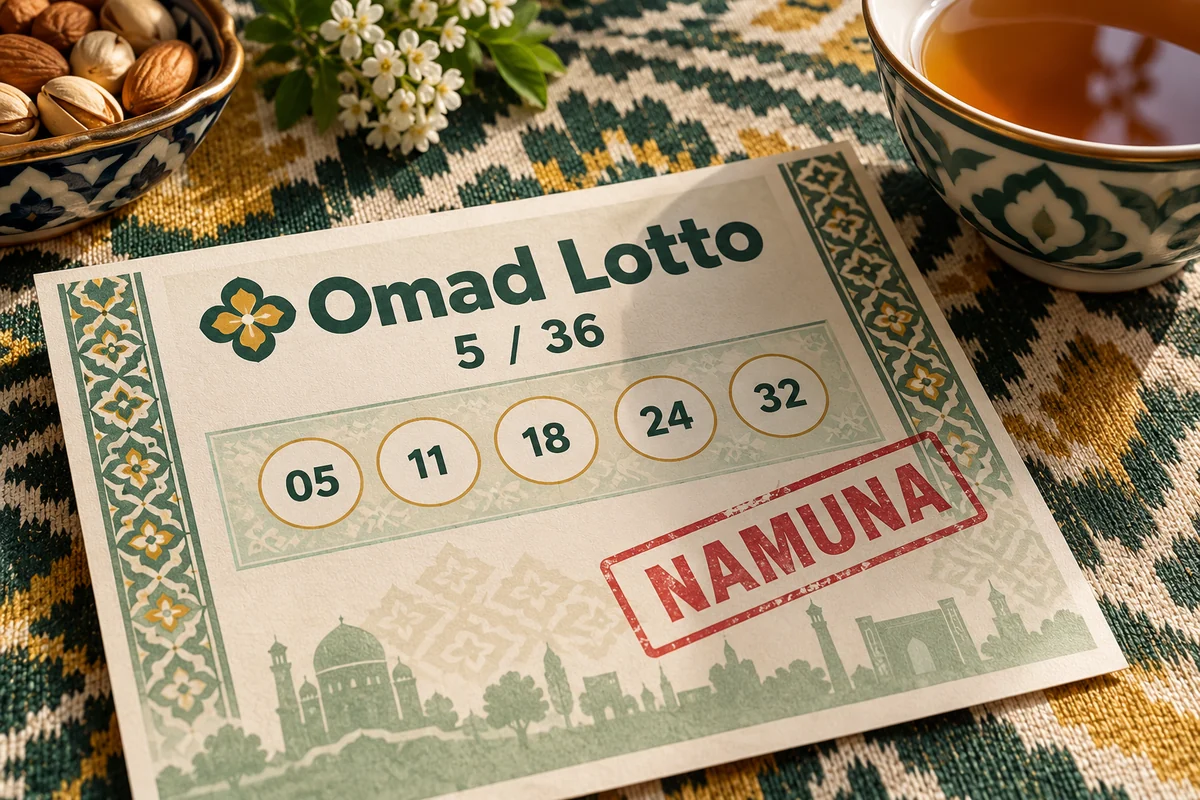 Учебный билет Omad Lotto в формате 5 из 36 с маркировкой NAMUNA