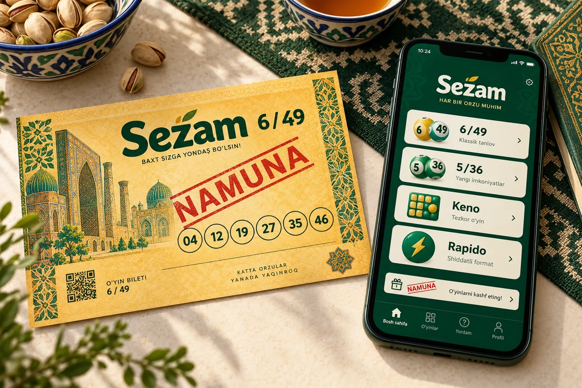 Sezam 6 dan 49 NAMUNA bileti va 6/49, 5/36, Keno, Rapido o‘yinlari ko‘rsatilgan telefon