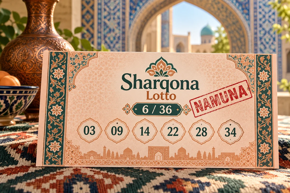 Sharqona Lotto 6 dan 36 formatidagi NAMUNA lotereya bileti